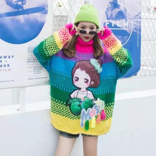 Women Autumn Winter Knitted Casual Turtleneck Colorful Striped Pullovers Cartoon Long Sleeve Plus Size Oversized Warm Sweater