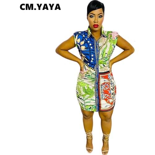 CM.YAYA Women Mini Dress Print Sleeveless Turn-down Collar Single Breasted Straight Slim Dresses Fashion Streetwear Summer 2021