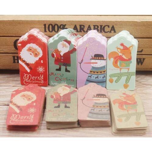 100pcs/lot Christmas Paper Tags Santa Claus Squirrel Paper Labels Packaging Gift Price Hang Tag Merry Christmas Card Rope