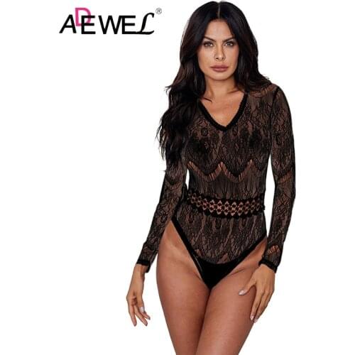 ADEWEL Sexy Black White Daring Sheer Lace Long Sleeve Bodysuit Combinaison Pantalon Femme V Neck Hollow Out Women Bodysuit L