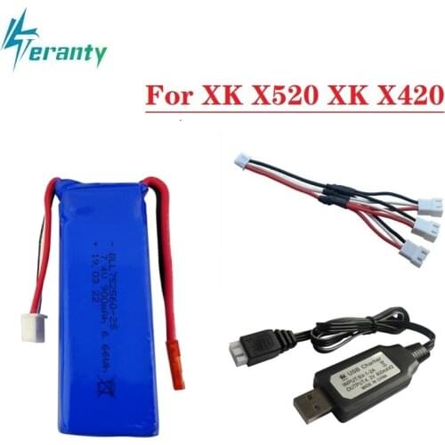Battery with charger set for XK X520 XK X420 RC Airplane Spare Parts for 7.4V 900mAh 2S 752560 Lipo Battery
