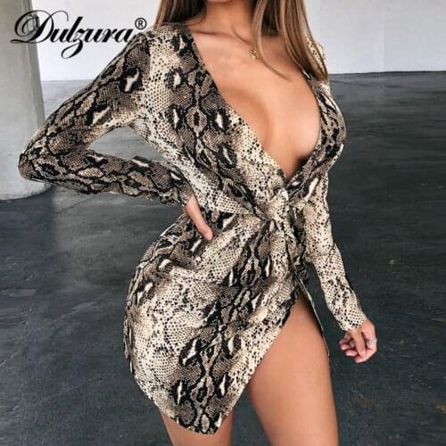 Dulzura 2019 autumn winter women wrap dress long sleeve snake front slit knot deep v neck sexy party festival clothes bodycon
