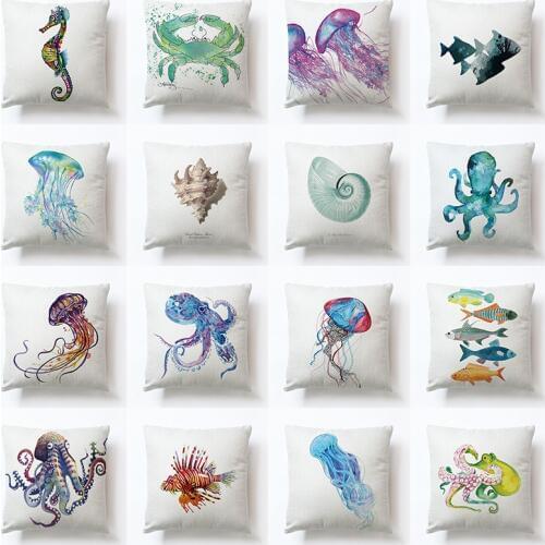 RUBYLOVE Sea Turtle Printed Cotton Linen Cushion Cover Marine Ocean Sea Horse Home Decor Pillowcase Octopus Sofa Pillow cover