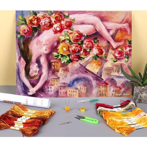 Oil Painting Style Printed Water-Soluble Canvas 11CT Cross-Stitch Embroidery Kit DMC Threads Handmade Needlework Promotions