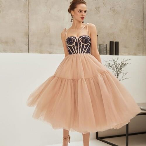 2021 Champagne Cocktail Dresses with Black Lace Tea Length A Line Prom Gowns Party Wear Customize Robe De Soirée