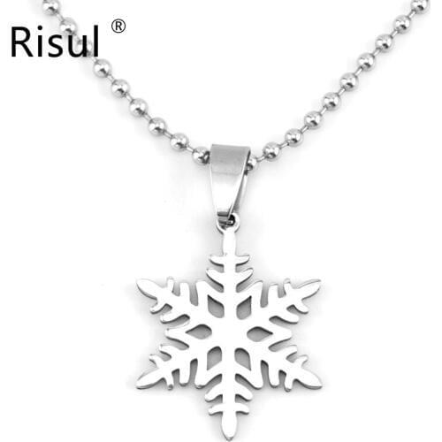Collier Collares Risul Snowflake Charms Necklace With 50cm Bead Chains Mirror Polish Stainless Steel Pendant Wholesale 50pcs