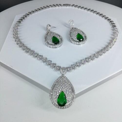 Hot sale New fashion green crystal blue CZ zircon necklace earrings jewelry set wedding party dressing jewelry free shipping