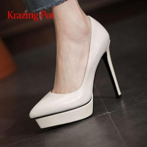 Krazing Pot new genuine leather pointed toe thin super high heels European style young lady streetwear shallow women pumps L1f2