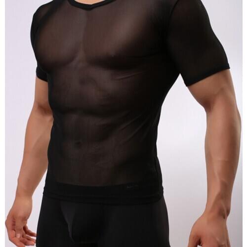 Hot mens tight-fitting sexy mesh transparent short-sleeved T-shirt mens breathable sports short-sleeved T-shirt men