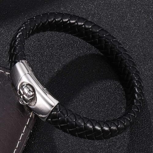 Punk Bracelets for Men Black Leather Braided Bracelet Bangles Skull Magnetic Buckle Male Wrist Band Fashion Jewelry Gifts ST0317