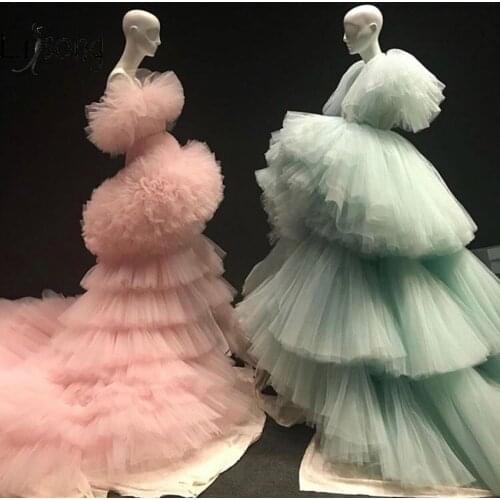 Nuevos vestidos de noche largos fruncido por capas verde menta a la moda con volantes tutú Rosa melocotón hinchado vestidos de