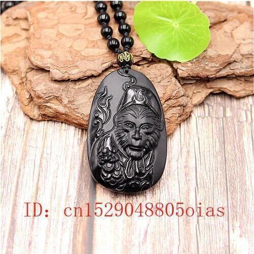 Natural Black Obsidian Monkey King Pendant Beads Necklace Fashion Charm Jewellery Carved Buddhism Amulet Gifts for Women Men