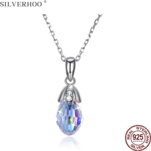 SILVERHOO Genuine 925 Sterling Silver Necklace For Women Super Twinkle Austria Crystal Water Drop Pendant Engagement Party Gift