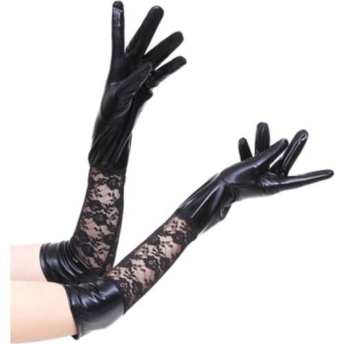Sexy Cycling Driving Long Lace Gloves Women Black Patent Leather Stitching Banquet Dance Performance Etiquette Mittens L58L