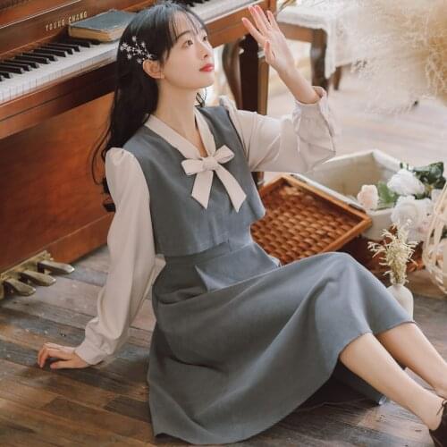 Dress Women Spring Autumn New 2021 Korean Retro Stitching Sweet V-Neck Bowknot Fake Two Pieces Of Thin Dress Women Autumn