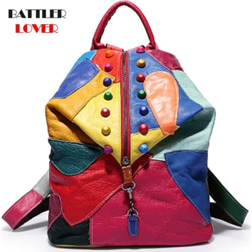 New Women Travel Bags Mix Color Rivets Lady Backpacks Rainbow Colorful Shoulder Bag Genuine Cow Leather Backpack Girl School Bag