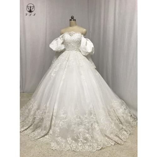 Arabian Design Strapless Appliqued Lace Puffy Long Sleeve Ball Gown Wedding Dresses 2020