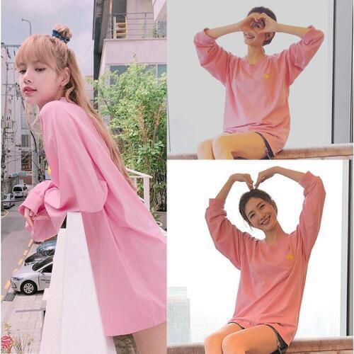 Kpop Korean Celebrity same pink loose hoodies women sweet round neck pullover in the long section sweatshirts girls clothes