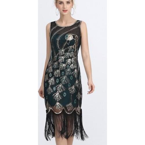 1920s Vintage Peacock Sequin Fringed Party Flapper Dress O-Neck Roaring 20s Great Gatsby Dress Gabster Fancy Costumes