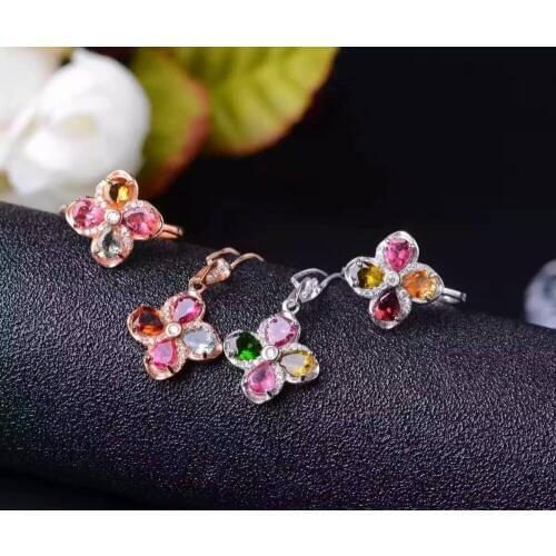 Natural Multicolor tourmaline jewelry sets natural gemstone ring Pendant 925 silver Stylish Elegant Clover women party jewelry