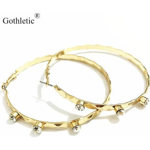 Gothletic Gold Color 70MM Crystal Stone Hoop Earring Simple Round Circle Earrings for Women Party Jewelry