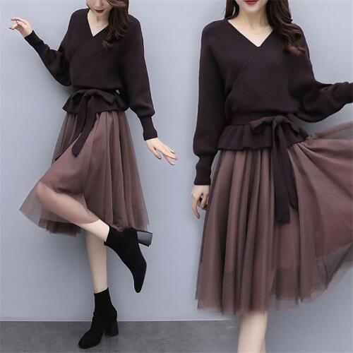 Women 2019 Autumn Winter 2 Pcs Set New Lace Up Bow V Neck Sweater+ High Waist Mesh Patchwork Skirt Elegant 47115