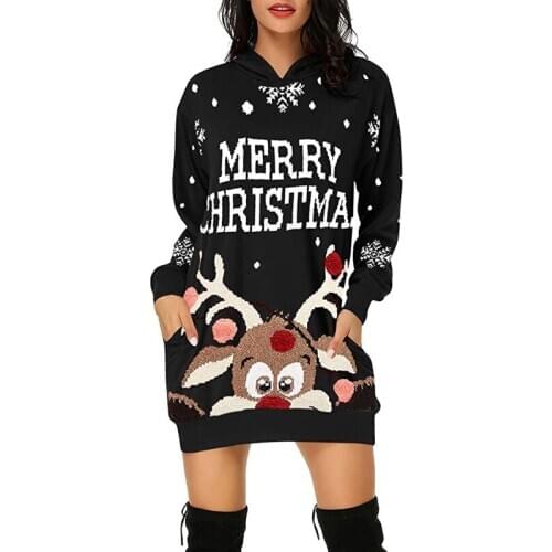 Women Christmas Long Sleeve Pullover Hoodies Dress Reindeer Printed Loose Holiday Tunic Sweatshirt Tops with Pockets
