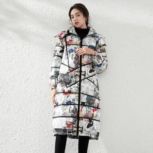 Printed wear down jacket female more European and American fashion cap 90 white goose down over-the-knee long down coat