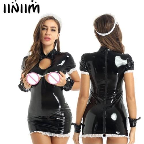 Womens Maid Dress Cosplay Exotic Costumes Bowknot Open Bra Bodycon Mini Dress with Apron Wrist Cuffs Cocktail Parties Clubwear