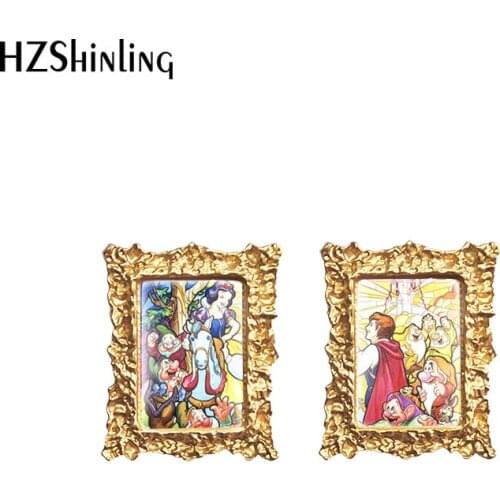 Disney Snow White Princess Cartoon Paintings Retro Gold Dangle Drop Earrings Glass Cabochon Dome Pendants Jewelry for Women