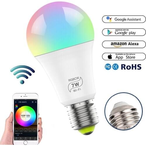 2/1pcs 7W WiFi Smart Light Bulb E27 Multicolor Wireless LED Lamp Work With Alexa Google Assistant Dimmable Timer RGB Magic Bulb