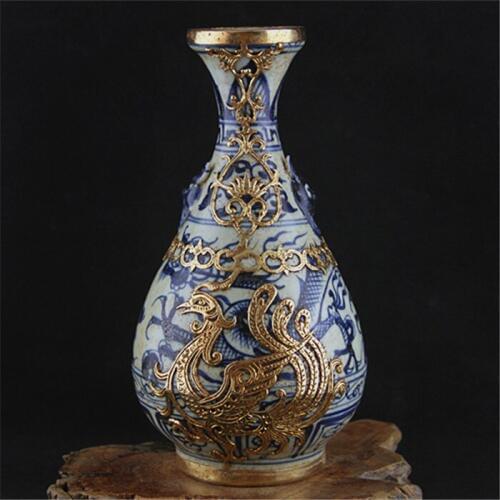 6 Antique YuanDynasty porcelain vase,blue gilt dragon bottle,hand painted crafts,Decoration,Collection&Adornment,Free shipping