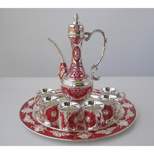 8 PCS/set alloy metal silver red wine set kitchen dining bar 6 wine cups vinho 1 jar 1 tray embossed carved 319B