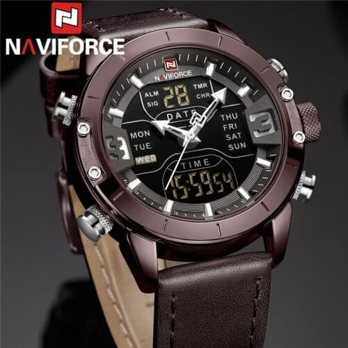 New NAVIFORCE Men Watch Digital Sport Top Brand Luxury Coffee Man WristWatch Military Genuine Leather LED Quartz Male Clock 9153