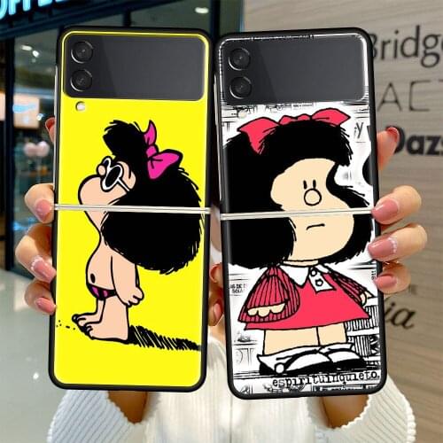 Black Hard Case For Samsung Galaxy Z Flip 3 5G Luxury PC Shockproof Phone Cover ZFlip 3 Bumper Fundas Cute Mafalda Cartoon Girl