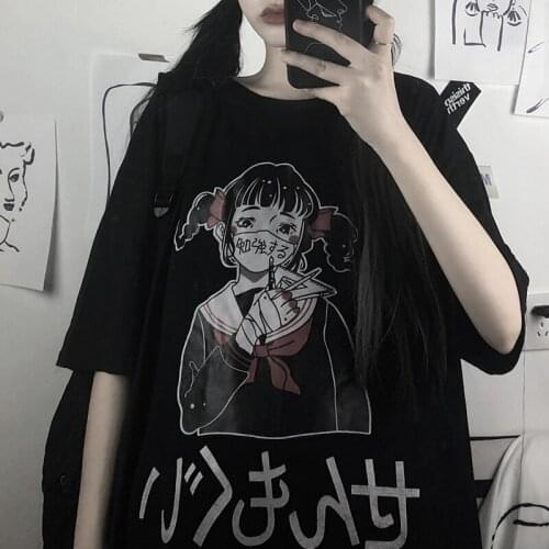 Funeral T-shirts girl 2020 summer new loose Harajuku style cartoon short-sleeved T-shirt black top ins student Dark tshirts