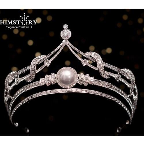 HIMSTORY New Fashion Rhinestone Pearls Tiaras Crowns Royal Queen Headband Princess Party Wedding Hair Jewelry Bridal Accessories