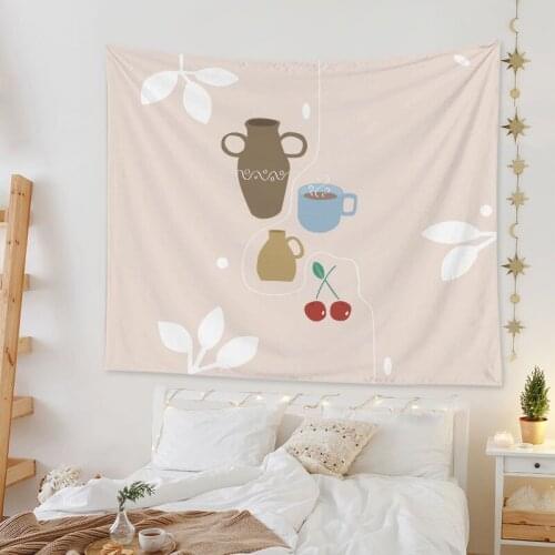 Ins Nordic Geometric Leaves Floral Bottle Tapestry Home Living Room Background Wall Decor Cute Girl Rectangle Tapestry Tapiz