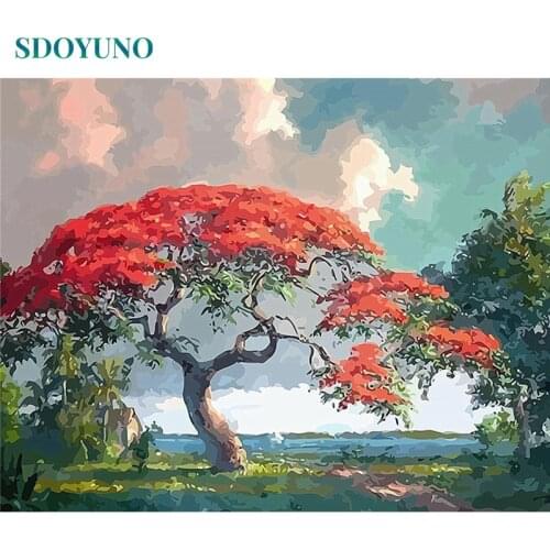 SDOYUNO DIY Oil Painting By Numbers Kits 60x75cm Scenery Coloring By Numbers On Canvas Frameless Tree Digital Painting Home Deco