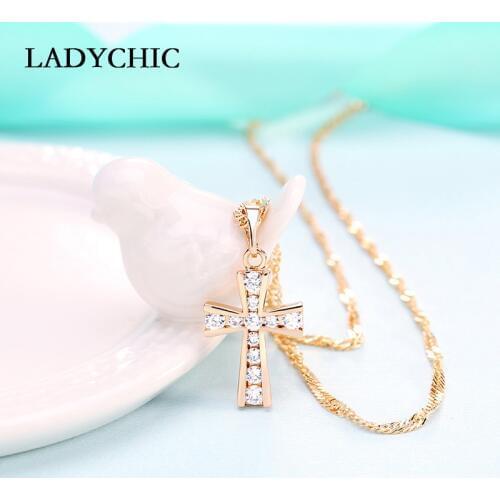 LADYCHIC Elegant Zircon Cross Pendant Gold Color Christian Jesus Jewelry Necklace for Women Cute Small Pendant Wholesale LN1087