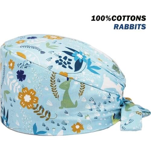 Fashion Scrub Hat Rabbits Printing Adjustable Work Anime Nursing Caps Beauty Salon Lab Dental Clinic Pet Shop Workers Scrubs Hat