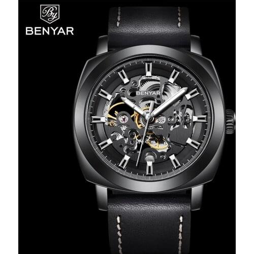 BENYAR 2021 New montre homme Mechanical Watches Leather Fashion Automatic Watch Men 30M Waterproof 45mm Hollow Out Watch for Men