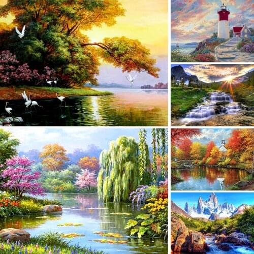 DIY 5D Diamond Painting Landscape Waterfall Sunset Cross Stitch Kit Full Drill Embroidery Rhinestones Natuer Mosaic Art Picture