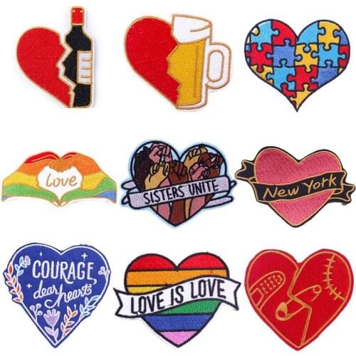 Rainbow Love Heart Cloth Patches Homosexual Support Embroidery Badges Iron on Sisters Unite Applique Broken Heart Thermo Sticker