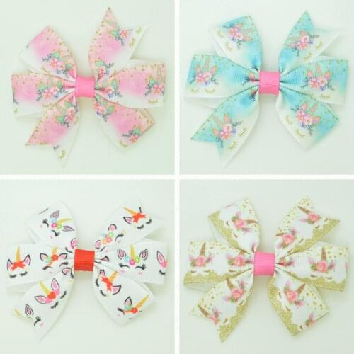 SUPWRF 3.1'' Unicorn Cute animal cute Girls Hair Bow With Clip Boutique Printed Ribbon headwear diy wholesale 20 PCS T0929