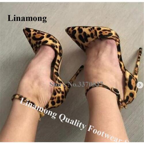 Western Sexy Style Pointed Toe Leopard Suede Leather Stiletto Heel Pumps Ankle Strap Buckle High Heels Formal Dress Shoes