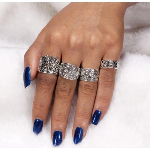 Tibetan Silver Boho Vintage Flower Rings For Women Geometric Pattern Big Knuckle Rings Set Bohemian Jewelry Party Gift New Style