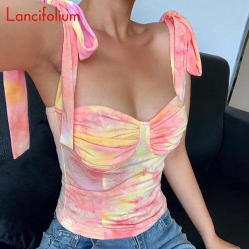 Y2k 90s Aesthetic Tie Dye Croset Crop Top Women Summer Spaghetti Strap Rib Knit Pink Egril Cute Tube Bustier Cropped Tank Top