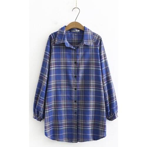 Plus Size Pink Blue Womens Plaid Blouse Long Sleeved Casual Tops Large Size Vintage Blusas