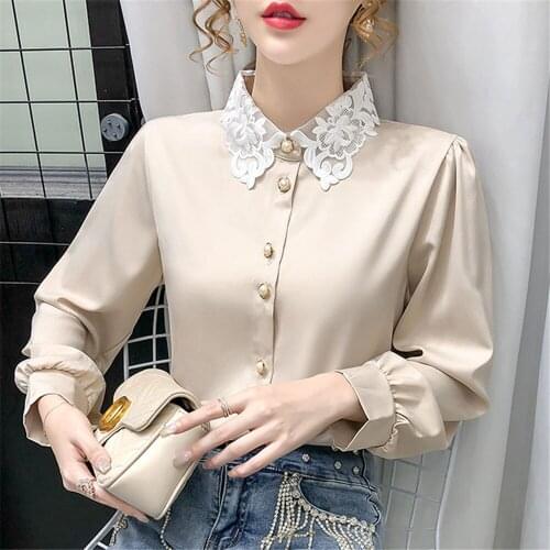 Women Shirt 2020 Autumn New Stitching Office Lady Top Korean Fashion Clothing Long Sleeve Lace Blouse